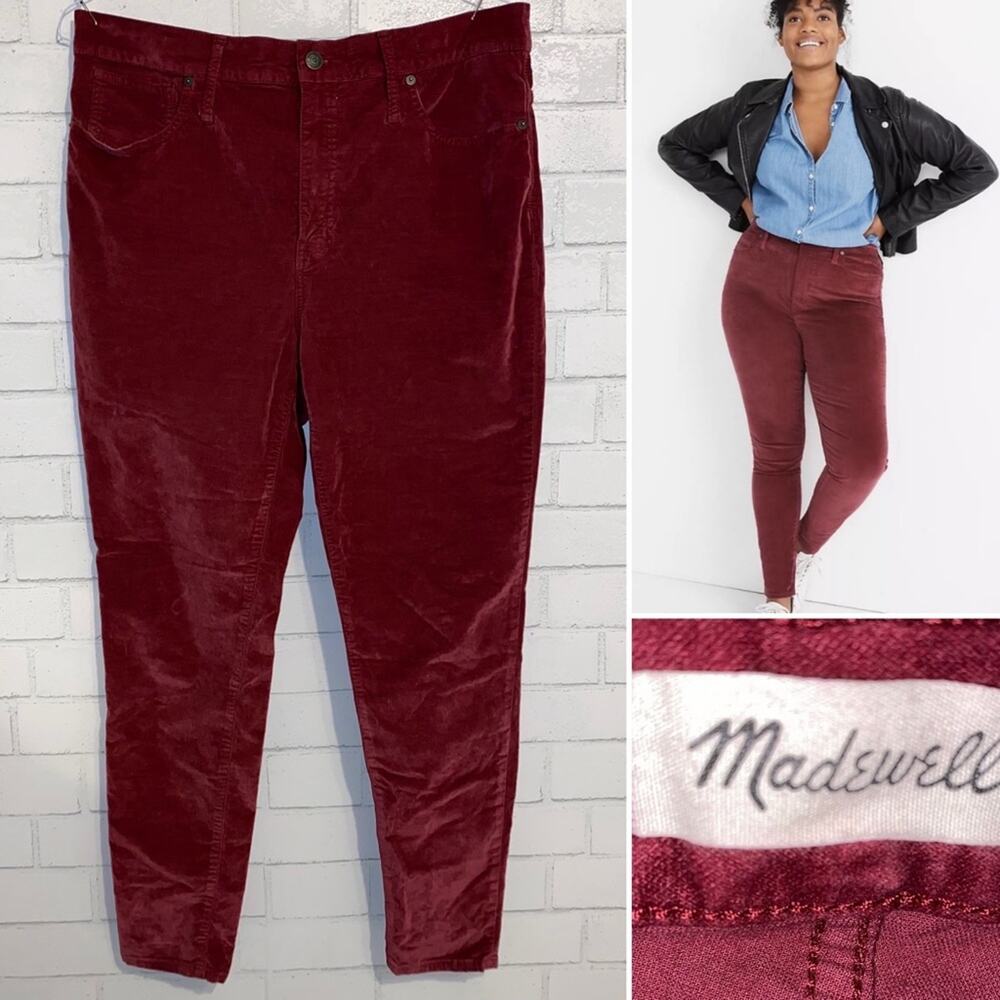 Madewell 10” High Rise Jeans Smoky Spruce (Red) Stretch Velvet. Size 35 EUC